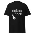 Black shirt with white letters saying "suck my flock" with an ALPR flock camera pointing downwards suggestively. This is an anti flock camera shirt designed to mock them
