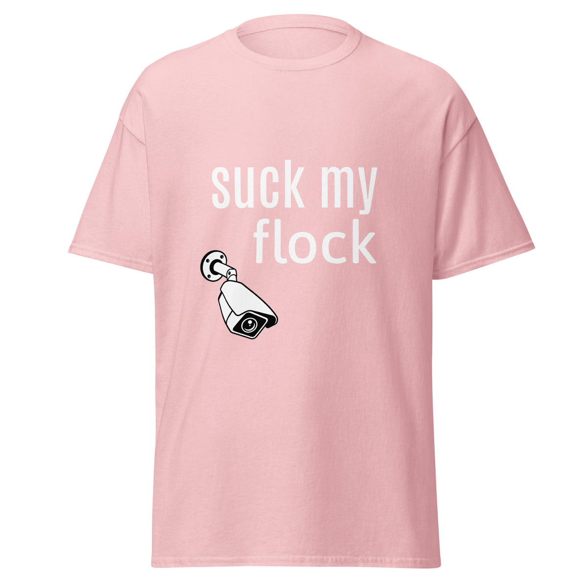 Pink shirt with white letters saying "suck my flock" with an ALPR flock camera pointing downwards suggestively. This is an anti flock camera shirt designed to mock them